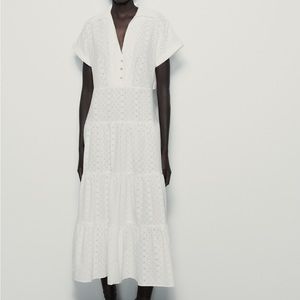 Zara Openwork Embroidered Midi Shirt Dress